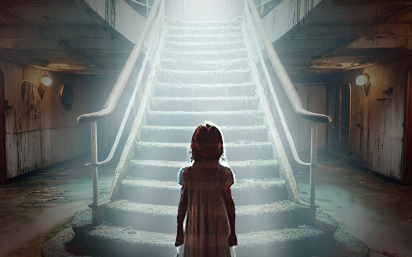 The Estonia — a child stands at the foot of a grand staircase